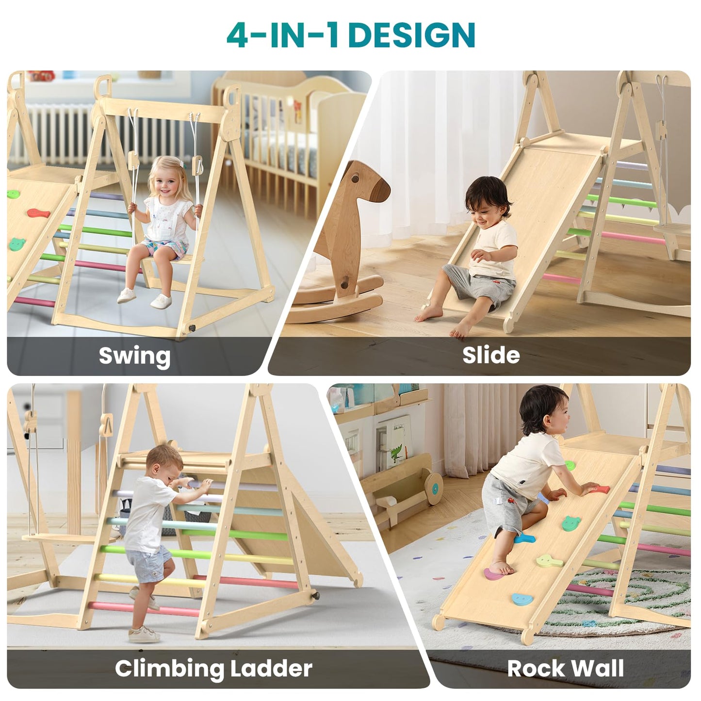 Bluewood 4 In 1 Indoor Jungle Gym, Foldable Wooden Climbing Set With Swing, Slide, Ladder And Climbing Wall, Montessori Philosop