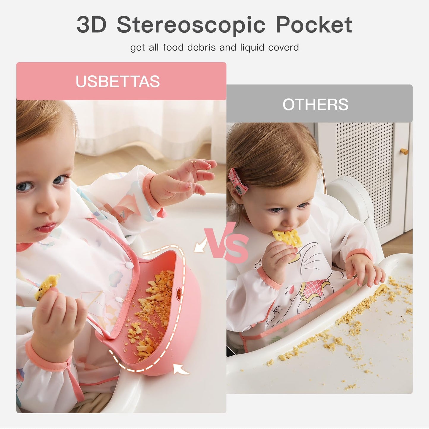 Usbettas Long Sleeve Bib With Silicone Catch Pocket, Waterproof Feeding Bibs For Toddlers, Machine Washable, Baby Smock Bib For