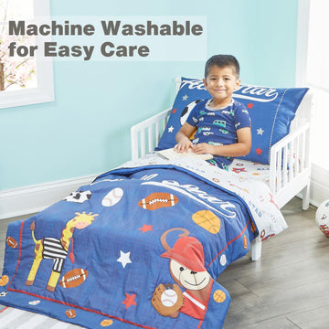 Everyday Kids 4 Piece Toddler Bedding Set - Jungle Sports - Soft 100% Cotton Percale - Includes Comforter, Flat Sheet, Fitted Sh