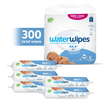 Waterwipes Plastic-Free Original Baby Wipes, 99.9% Water Based Wipes, Unscented & Hypoallergenic For Sensitive Skin, 300 Count (