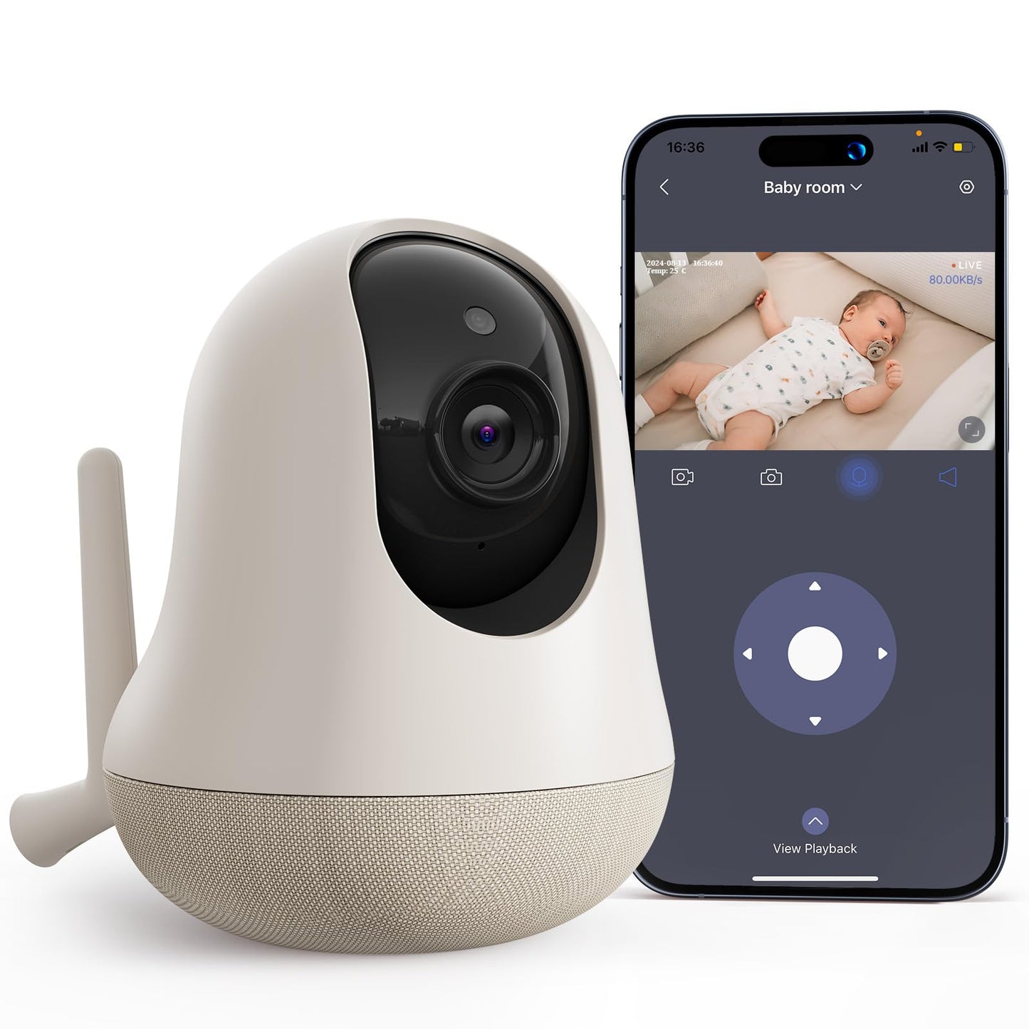 nooie 2K Smart WiFi Baby Monitor with Camera and Audio, Smartphone App Control, Temperature Sensor, Motion & Cry Detection, IR N