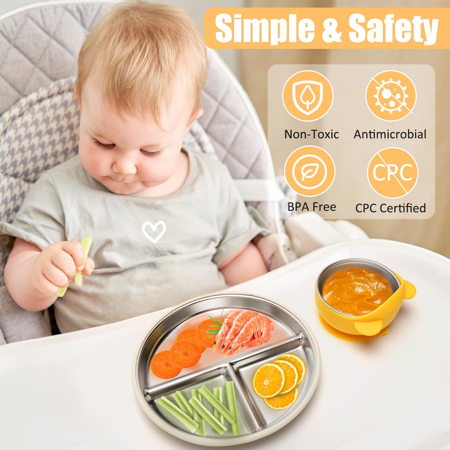 Misslili Stainless Steel Baby Plate And Bowls With Suction, Divided Kids Baby Plate And Toddler Bowl With Removable Silicone Suc