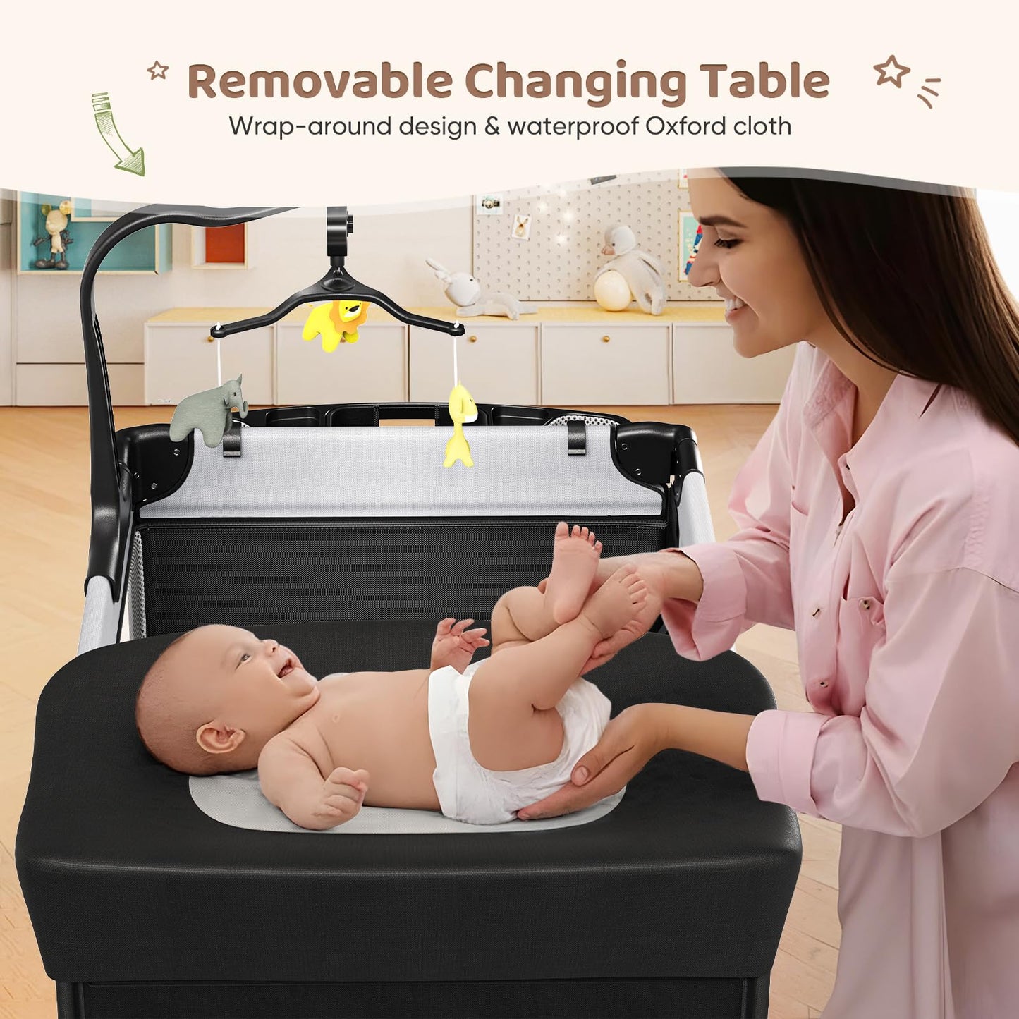 Smelluck Baby Portable Playard, Foldable Bedside Bassinet Baby Crib With Removable Changing Table And Organizer, Adjustable Heig