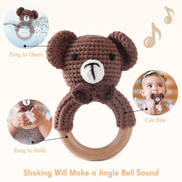 Wooden Baby Rattle Crochet Bear Baby Toys Handmade Newborn Toy Early Development Grips Stuffed Animal Organic Rattle