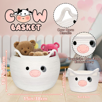 Baby Basket Toy Storage 2 Pack, Cow Woven Cotton Rope Storage Basket, Cute Toy Basket With Handle, Laundry Basket Organizer For