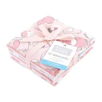 Hudson Baby Unisex Baby Flannel Cotton Washcloths 12-Pack, Girl New Elephant, One Size