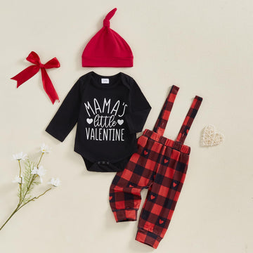 Beqeuewll Valentines Newborn Baby Boy 3Pcs Clothes Infant Long Sleeve Romper Cute Pattern Suspender Pants Overalls Outfits (Litt