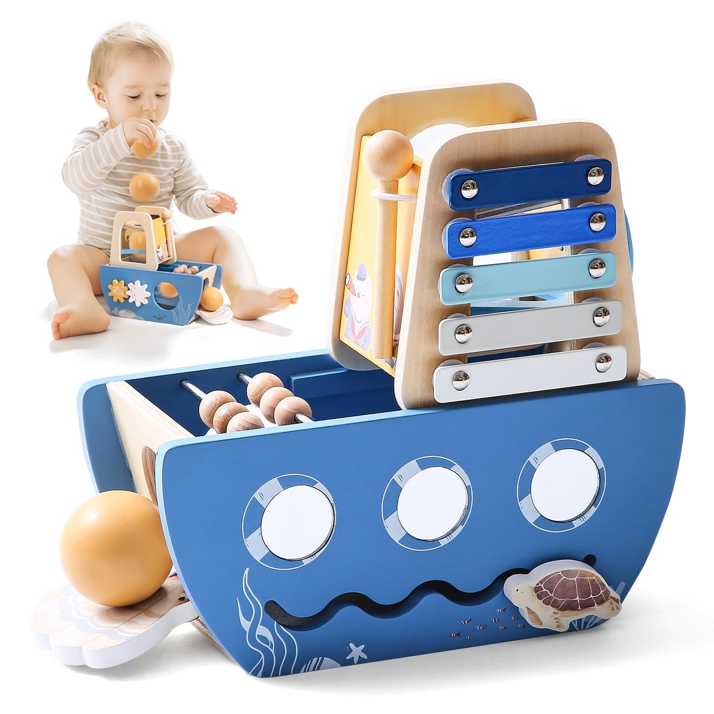 Promise Babe 5-in-1 Baby Wooden Activity Cube, Sea Ocean Montessori Toddler Toys for 1+ Year Old Boys Girls Gifts, Educational L