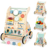 LOL-FUN Wooden Baby Walker with Double-Sided Busy Board, Push Walker for Baby with Adjustable Speed Wheels, Activity Learning Wa