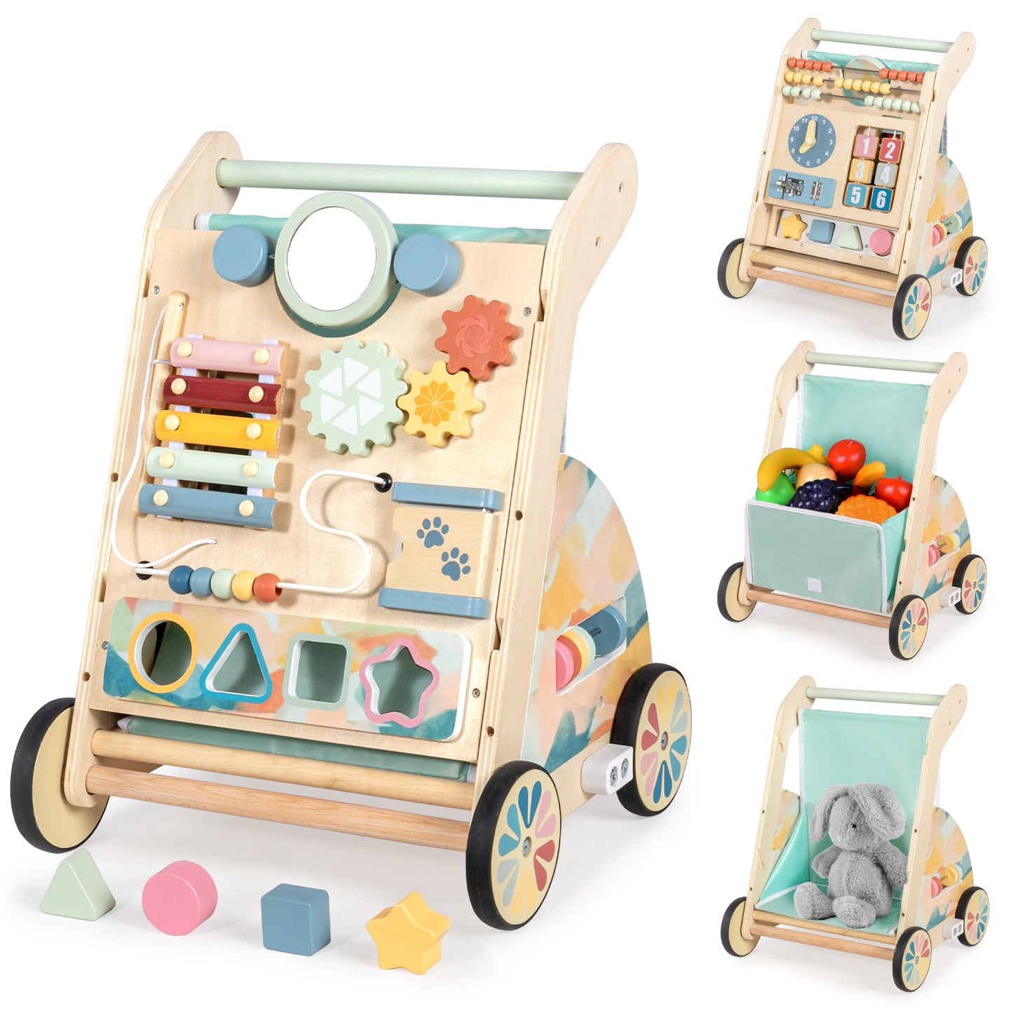 LOL-FUN Wooden Baby Walker with Double-Sided Busy Board, Push Walker for Baby with Adjustable Speed Wheels, Activity Learning Wa