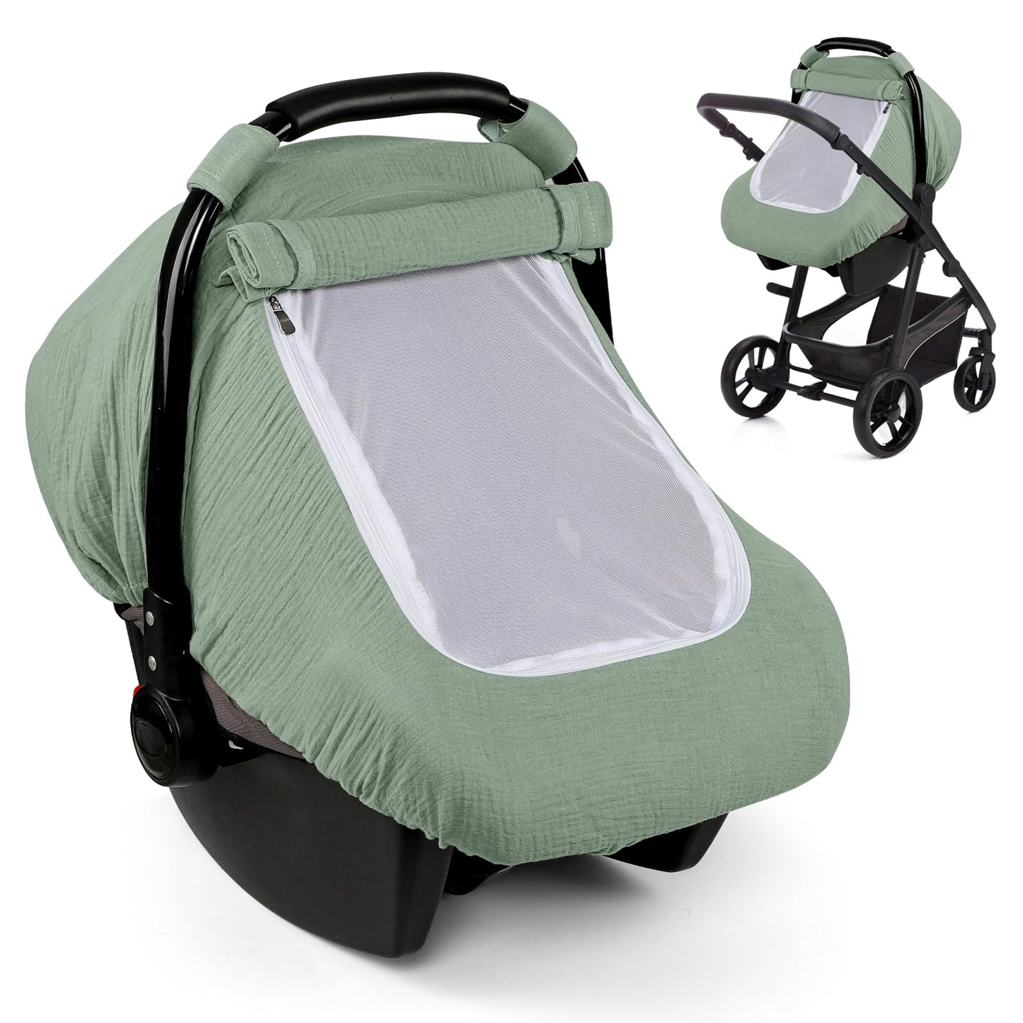 Muslin Baby Car Seat Cover for Boys Girls, 3 Layer Infant Carseat Canopy with Breathable Mesh Peep Window, Summer Lightweight Su