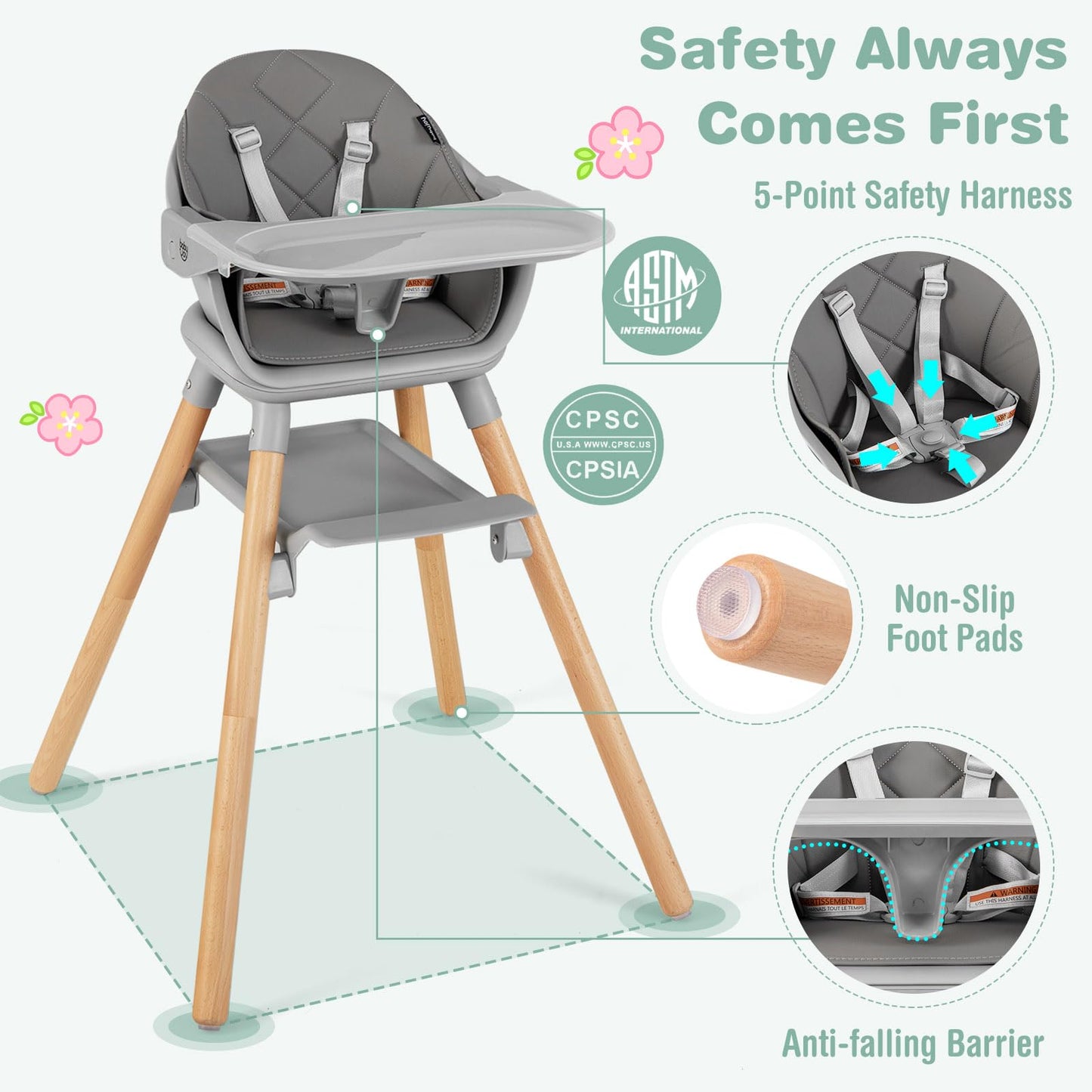 Baby Joy Baby High Chair, 6 In 1 Convertible Wooden Highchair For Babies & Toddlers With Adjustable Legs, Removable Double Tray,