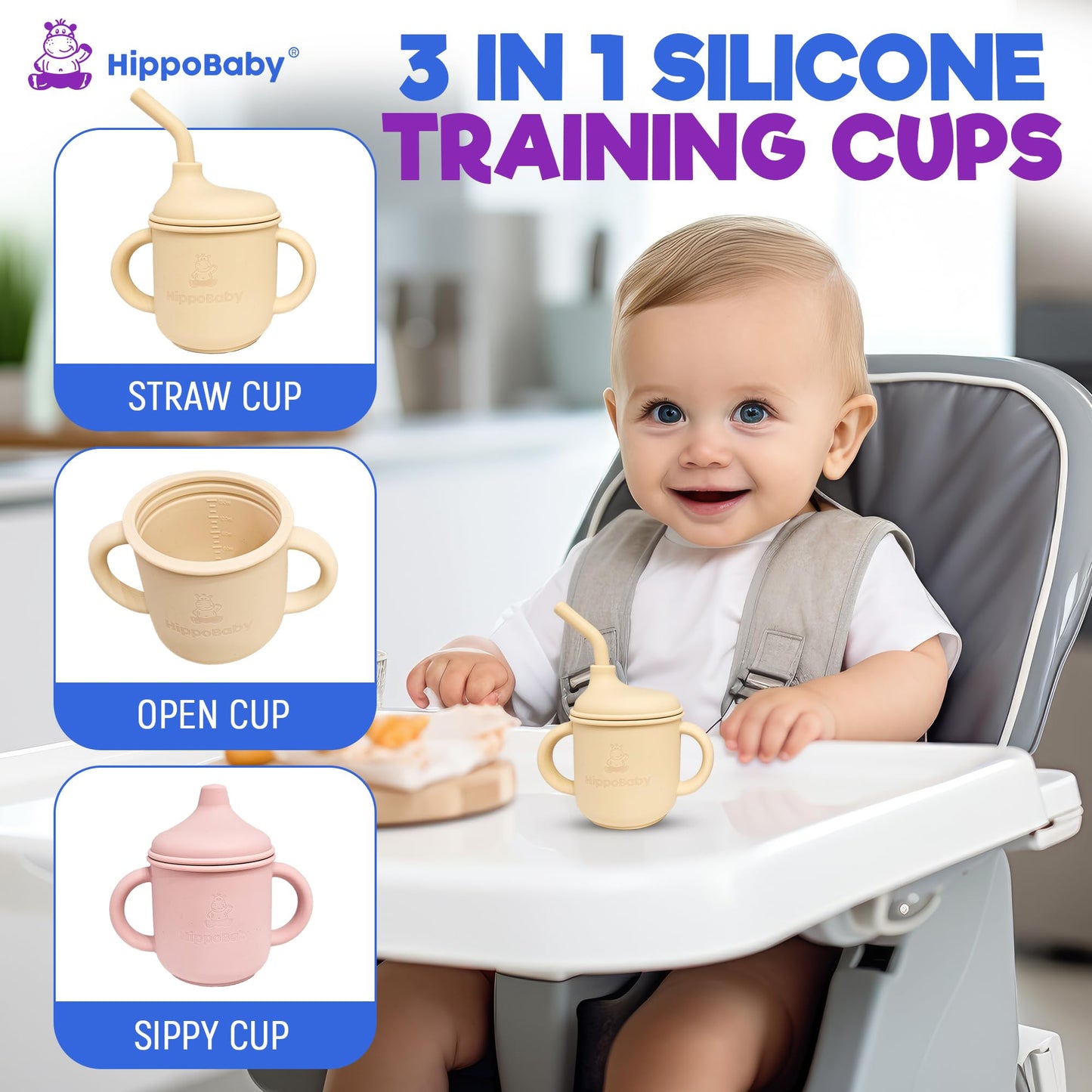 Hippobaby Silicone Transition Sippy Cup For 6+ Month Old | Includes 1 Toddler Straw Cup & 1 Baby Sippy Cup With Handles | Baby S
