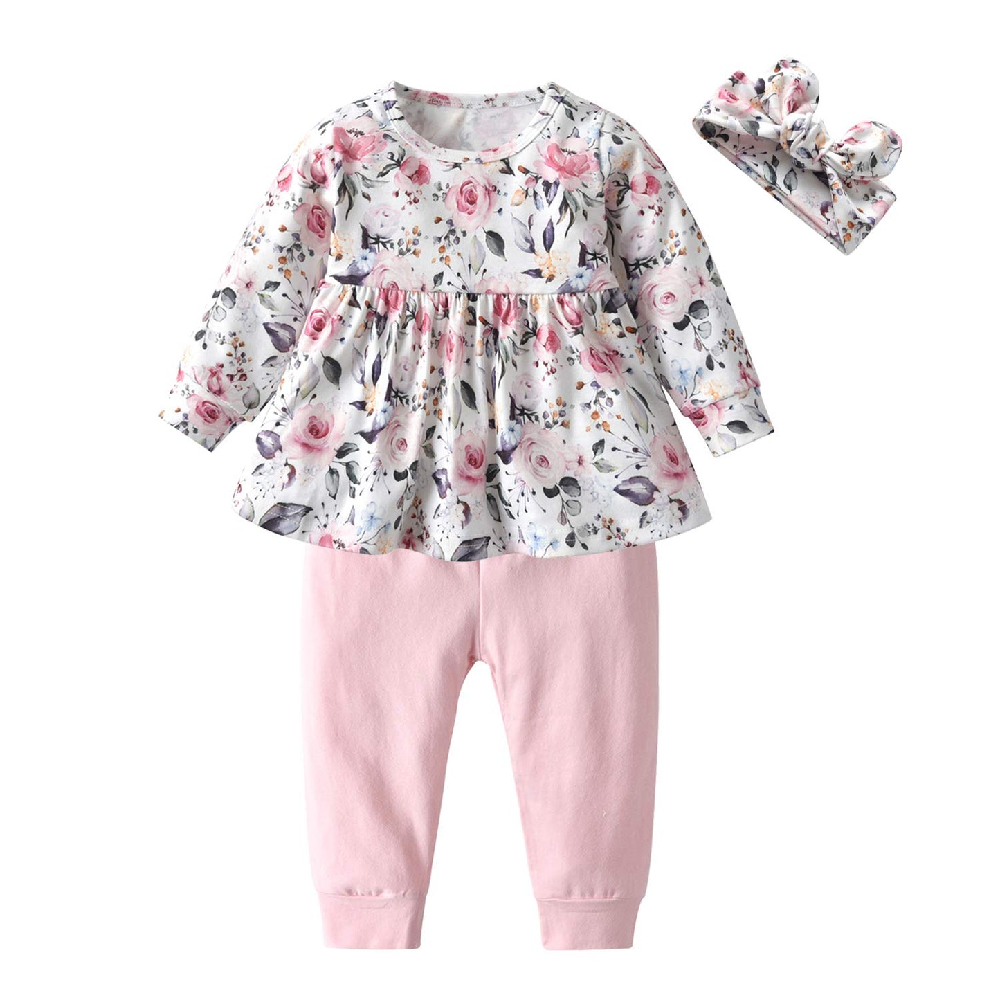 3Pcs Baby Girl Clothes Ruffle Floral Shirt Tops Pants Headband Outfit Sets (Pink, 6-9 Months)