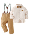 Disaur Toddler Boy Wedding Guest Outfit Apricot Long Sleeve Brown Dress Shirt Bow Tie Suspender Pants Baby Formal Outfit Boy 3T