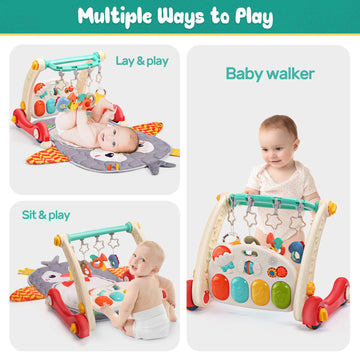 Cute Stone Baby Gym Play Mat & Baby Learning Walker, Baby Activity Mat With Play Piano, Musical Activity Center With Lights, Bab