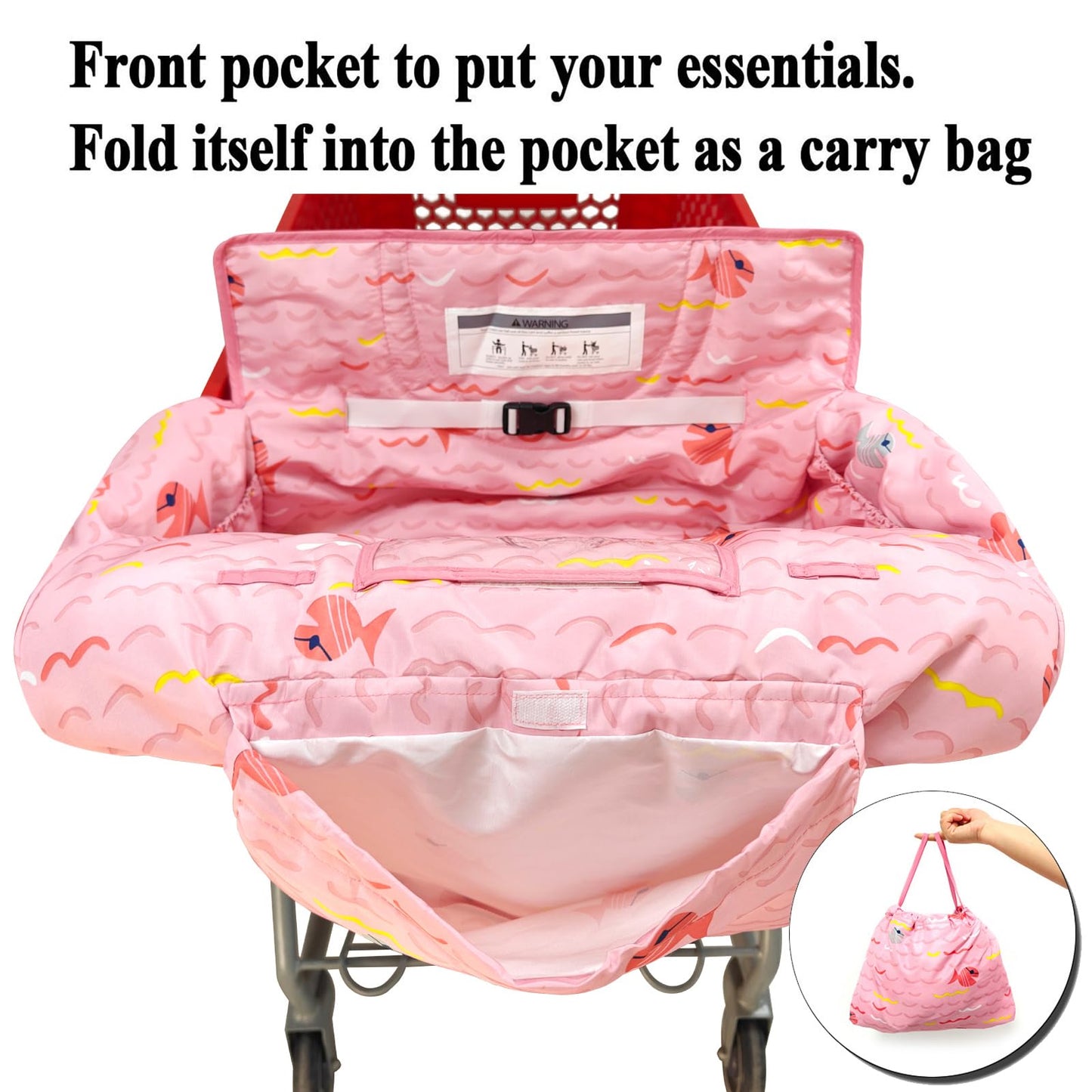 2-In-1 Shopping Cart And High Chair Cover For Baby, Padded Cover, Fold'N Roll Style, Portable With Carry Bag (Pink Fish)