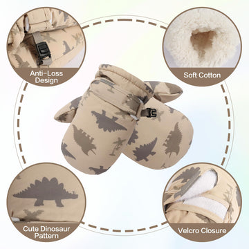Fynnsure Toddler Mittens Baby Waterproof Snow Gloves Kids Ski Snow Gloves Cold Weather Mittens For Boys Girls Khaki Dinosaur 2-4