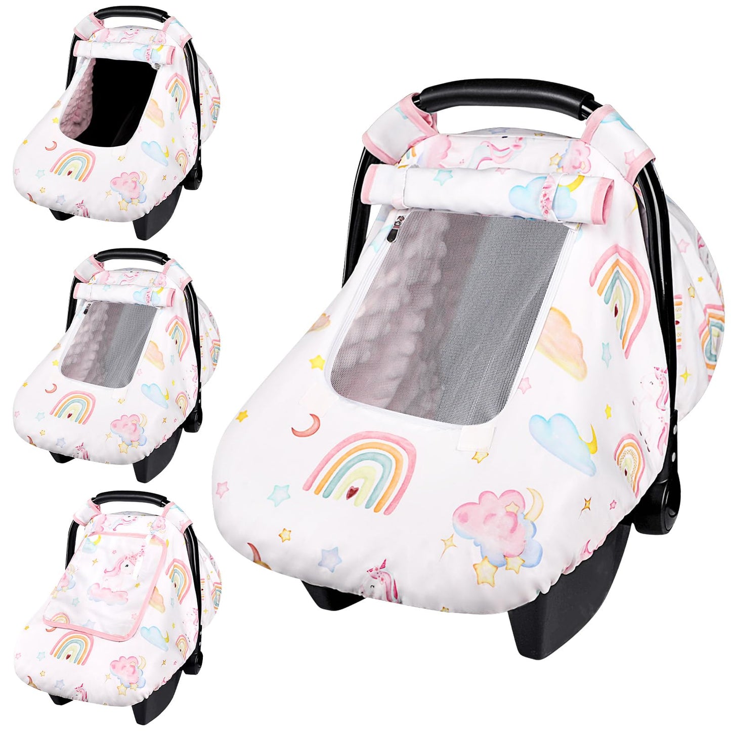 Baby Carseat Cover Girls, Pea Pod Unicorn Infant Car Seat Covers Canopy for Newborn with 2 Layers Windows of Breathable Mesh/Fab