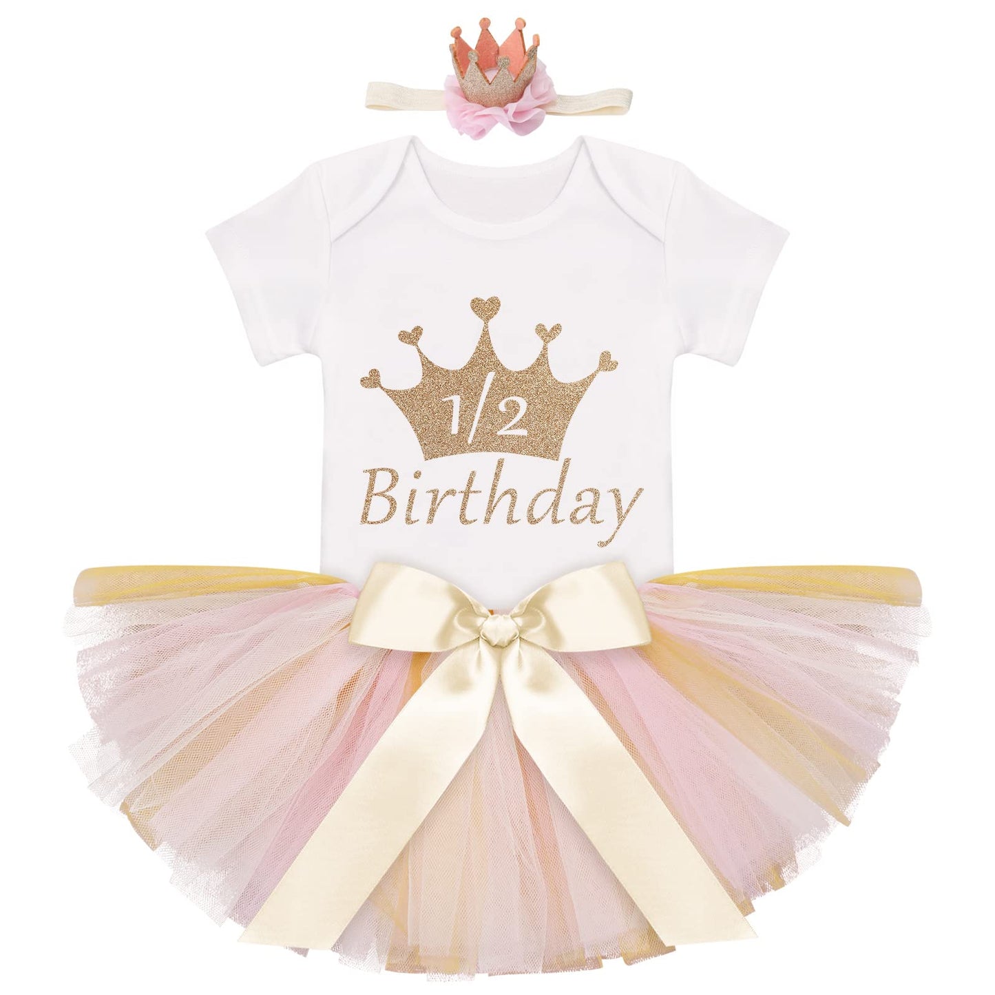 My 1/2 1St Birthday Outfit Baby Girls Shiny Crown Romper + Ruffle Tulle Skirt + Sequins Crown Flower Headband Glitter Party Dres
