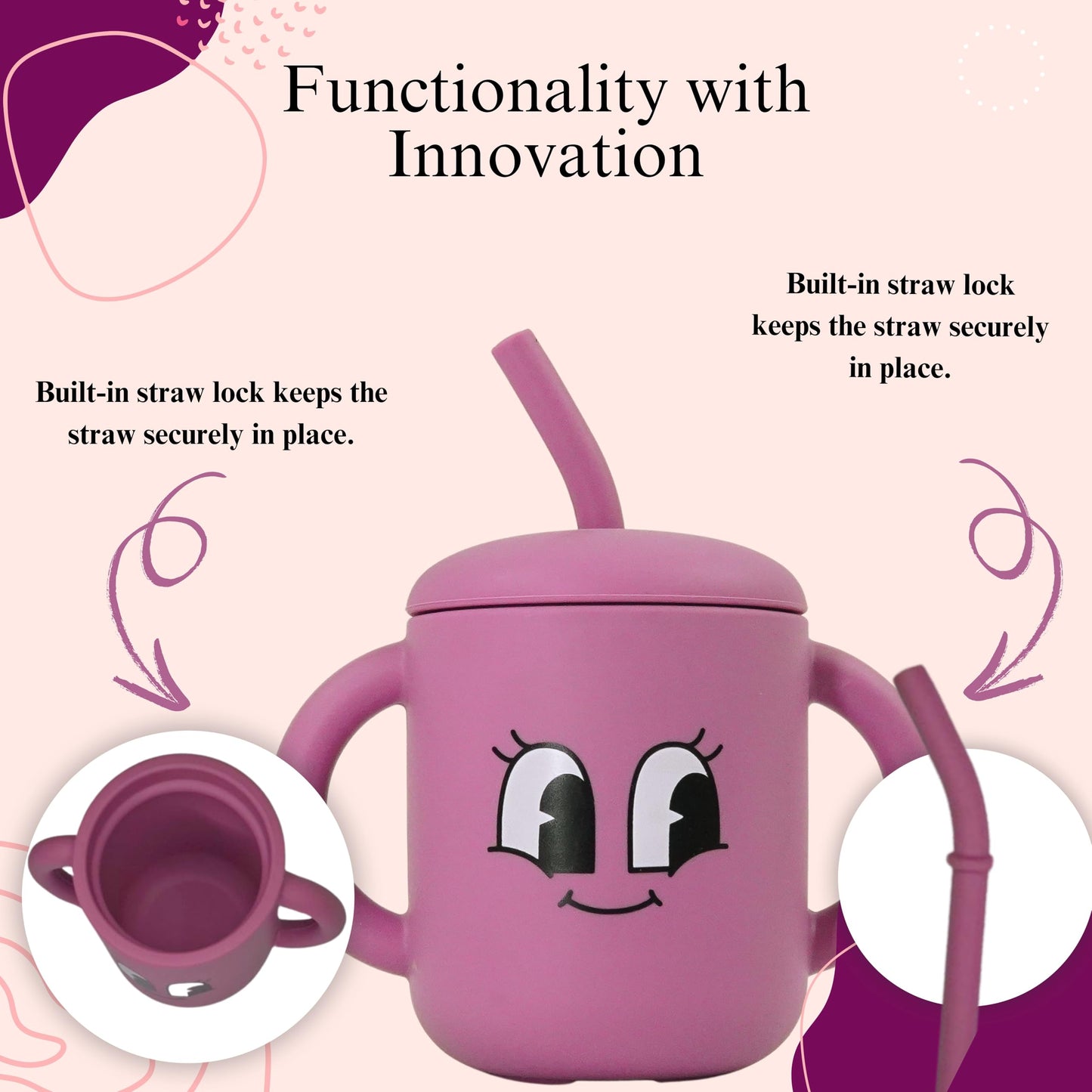 Fumiko Sippy Cups For Toddlers 1-3 - Adorable Personality Designs, Built-In Straw Lock, Easy-Grip Handles, (Smile Bug)