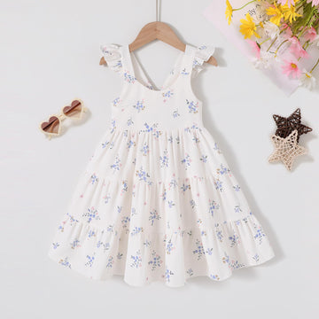 Younger Tree Toddler Baby Girl Dress Summer Outfits Flutter Sleeve Smocked Dress Kids Causal Boho Dresses Clothes (5-6T, Blue Fl