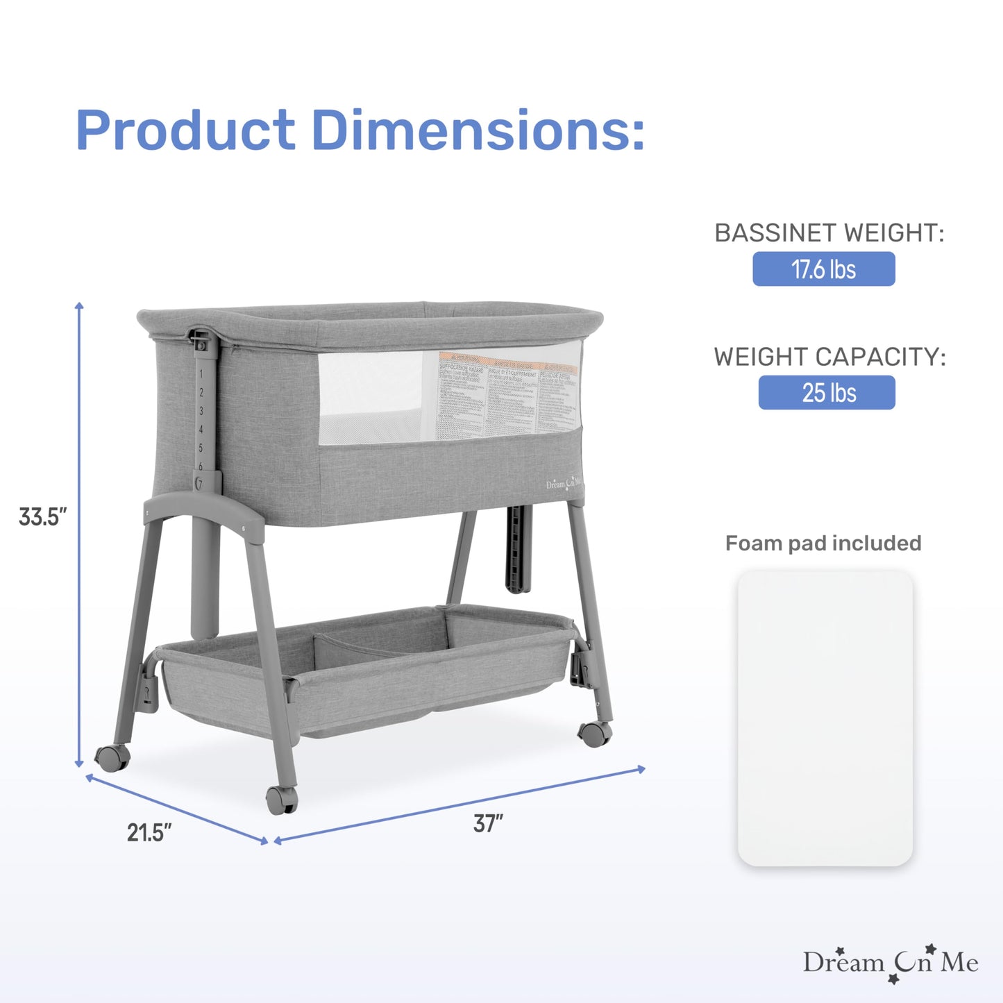Dream On Me Calypso Portable Bassinet With Wheels In Grey, Quick & Easy Folding, Seven Adjustable Height, Machine Washable Fabri