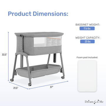 Dream On Me Calypso Portable Bassinet With Wheels In Grey, Quick & Easy Folding, Seven Adjustable Height, Machine Washable Fabri