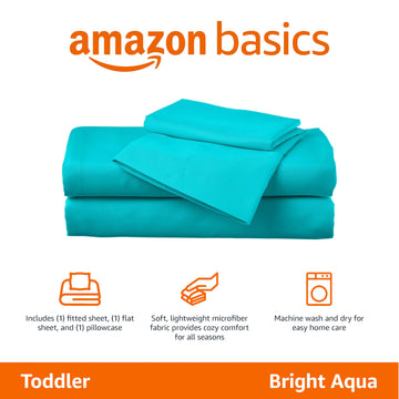 Amazon Basics Kid'S Soft Easy-Wash Lightweight Microfiber 3-Piece Sheet Set, Toddler, Bright Aqua, Solid