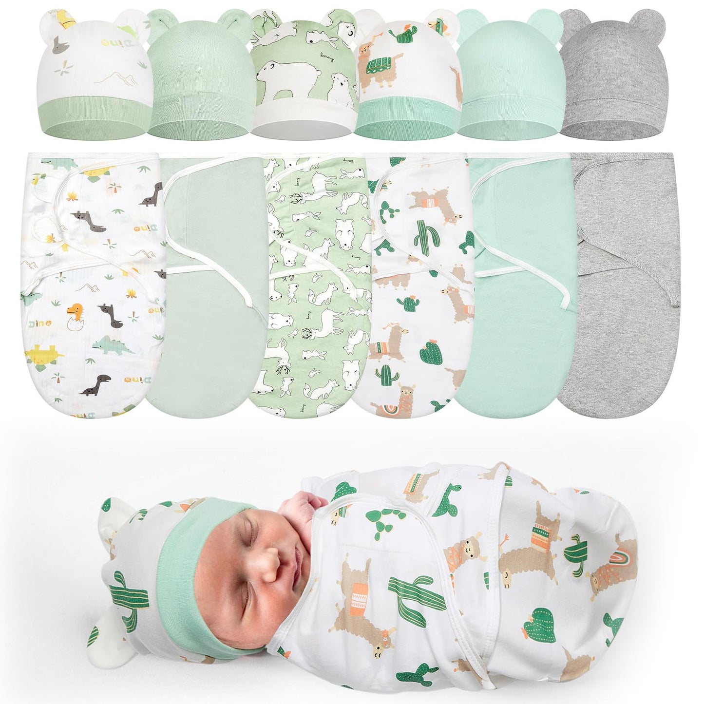 Ramede 6 Pack Preemie Swaddle Blanket with Hats Sleep Swaddle for Baby Boy Girl Preemie Newborn Sacks Soft Cotton Wearable(Alpac
