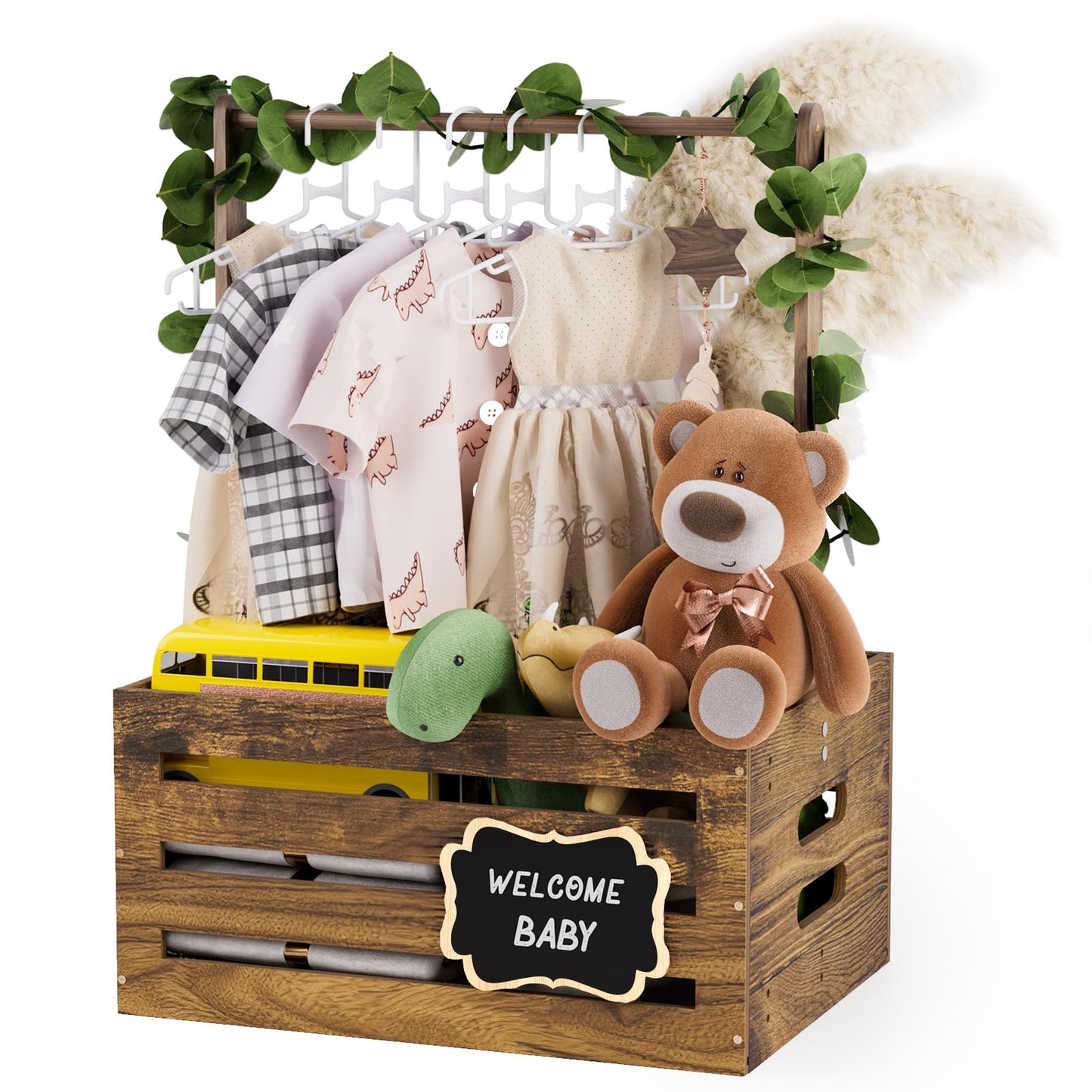 Wooden Baby Shower Crate Closet, Baby Gift Basket with Handle and Garland Storage Crate Hamper, Baby Shower Wooden Gift Crate, W