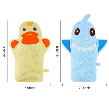 2 Pieces Baby Bath Mitt Washcloths With Cute Animal Designs Yellow Duck Shark Towel Gentle Soft Scrub For Toddler Bath And Showe