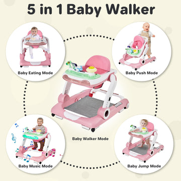 Baby Walker With Wheels, 5 In 1 Walker For Baby Boy Girl 6-12 Months With Bouncer, Music And Lights Baby Jumper Activity Center,