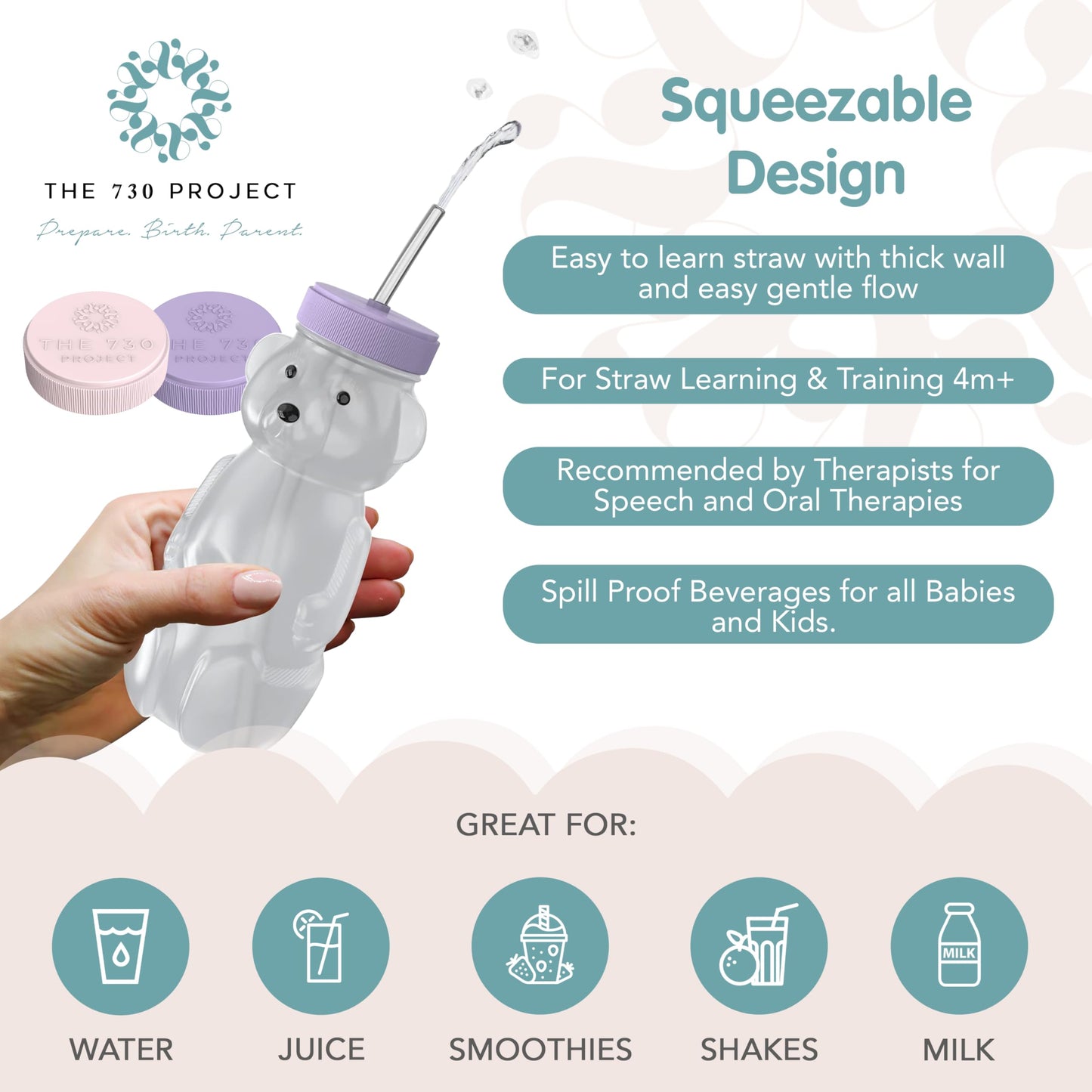 The 730 Project Honey Bear Straw Cup For Babies, 8Oz Honey Bear Cup With Travel Lid, 2-Pack Therapy Learning Honeybear Straw Cup