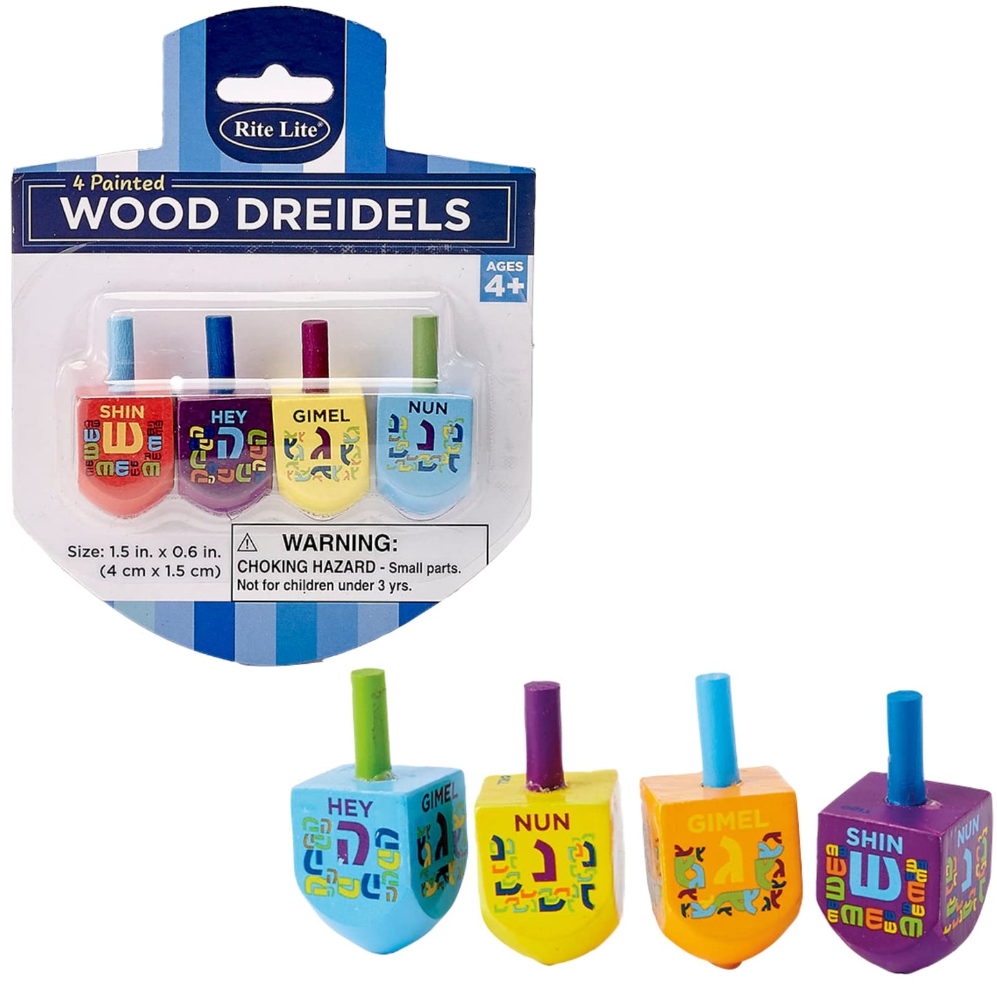Rite Lite The Dreidel Game Chanukah Painted Wooden Dreidels Set Of 4 - Hanukkah Gifts, Hanukkah Dreidel Pack, Bulk Hanukkah Drei