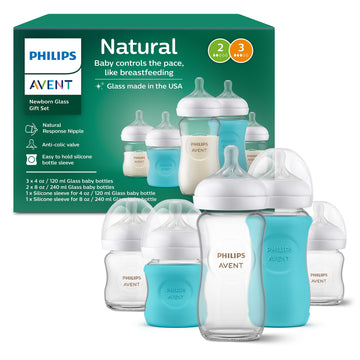 Philips Avent Natural Newborn Glass Gift Set, Baby Bottles With Natural Response Nipples, 3X 4Oz (Slow Flow, Flow 2) And 2X 8Oz