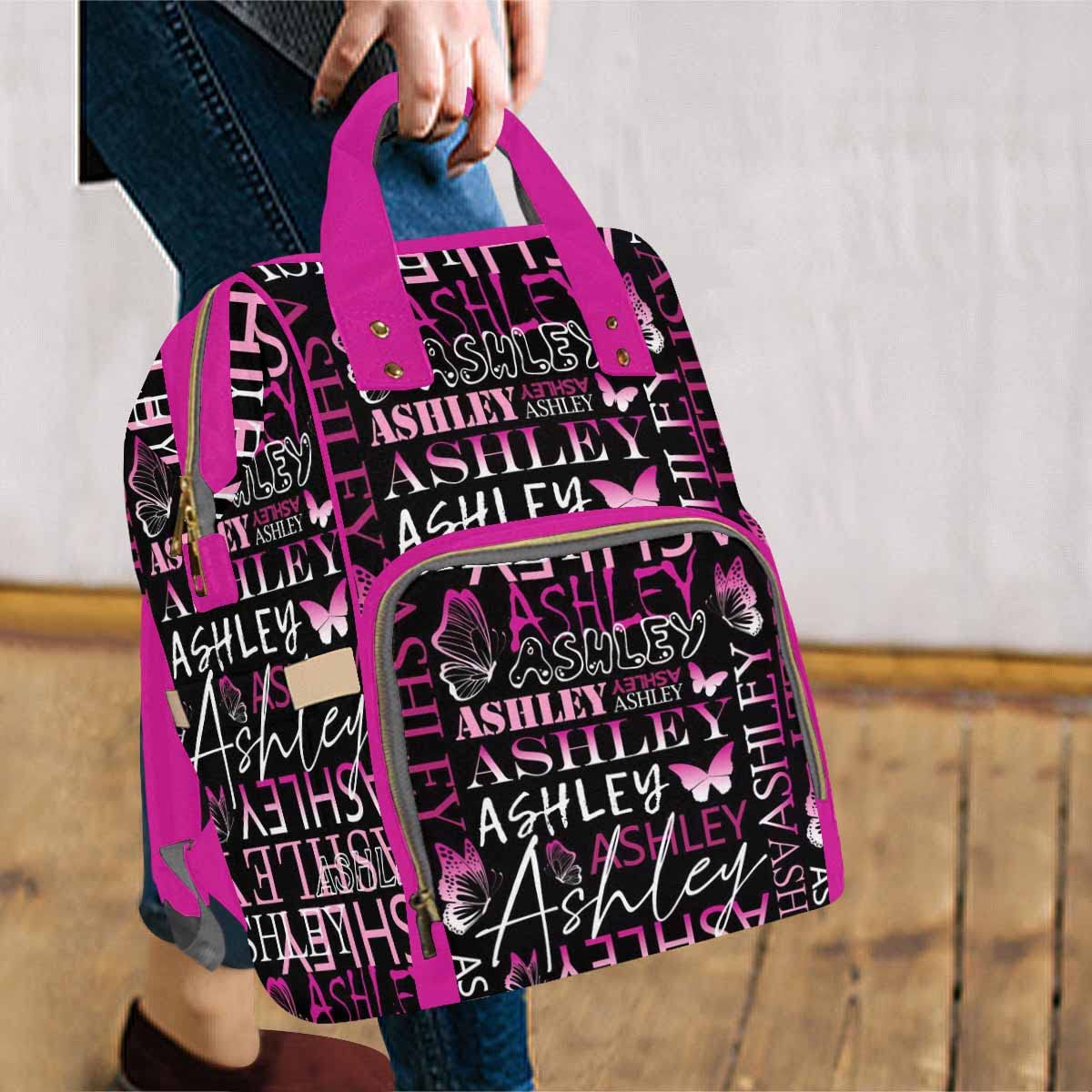 Artsadd Personalized Nappy Bag Large Capacity Diaper Bags, Customized Pink Butterfly Daypack Custom Monogrammed Diaper Backpack