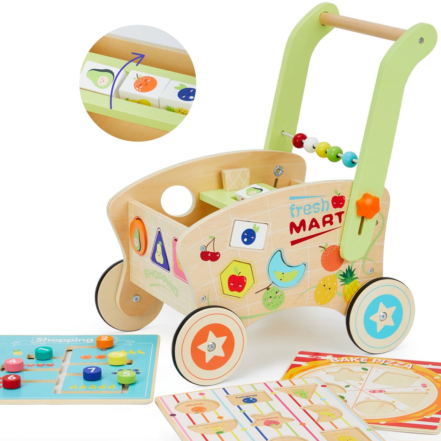 Wooden Baby Walker, Baby Push Walker for 1-3, Toddler Shopping Cart for Girl and Boy Shape Sorting Grocery Cart Push & Pull Toy