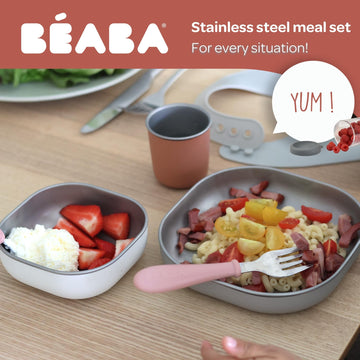 Beaba Stainless Steel Meal Set | Microwave And Oven Safe | Baby Plates Baby Bowls And Cup With Anti-Slip Silicone Cover | Kids P