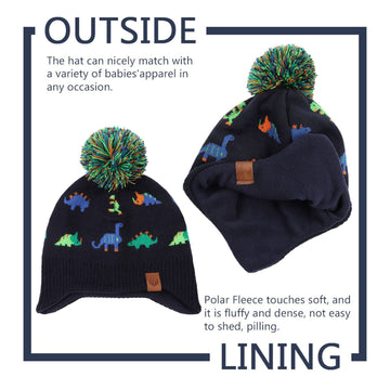 Jangannsa Knitted Baby Hat Scarf Set Winter Warm Boys Girls Beanie Fleece Lining Toddler Kids Hats With Pompom (Navy Dinosaur(Ha
