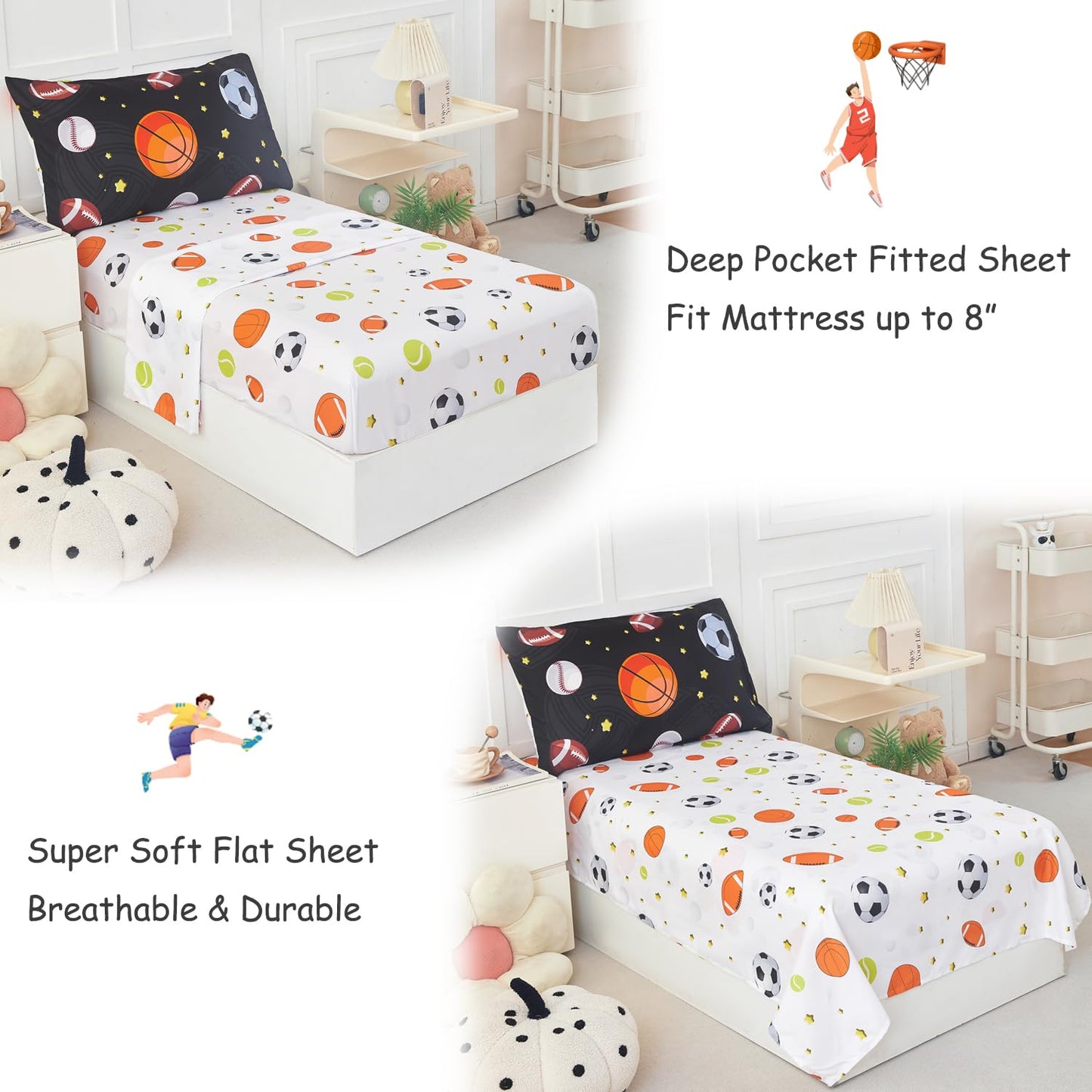 Perfemet Sports Theme Toddler Boys Bedding Set 4 Pieces Basketball Football Printed Toddler Comforter Set Reversible Design Ball