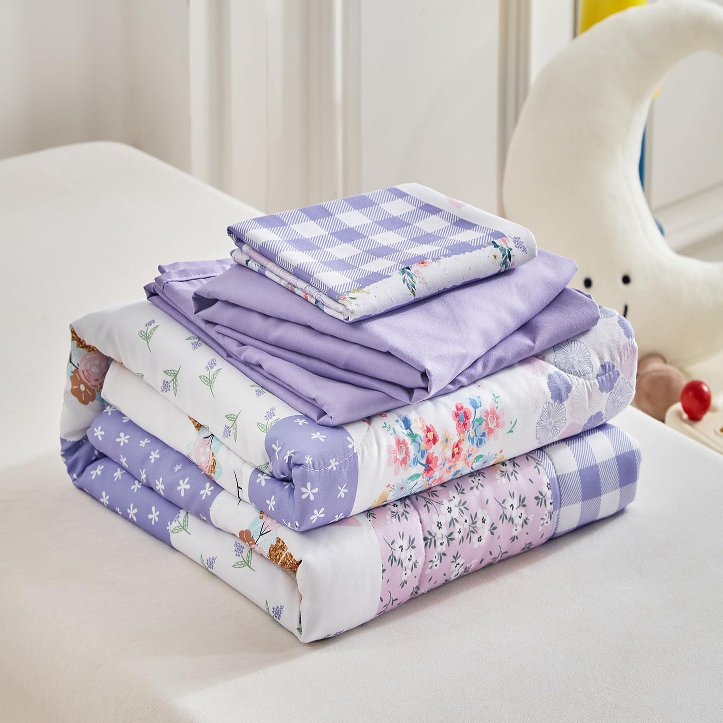 Joyreap 4 Piece Toddler Bedding Set- Purple Butterflies Flowers Patchwork Toddler Comforter Set, Includes Quilted Comforter, Fit