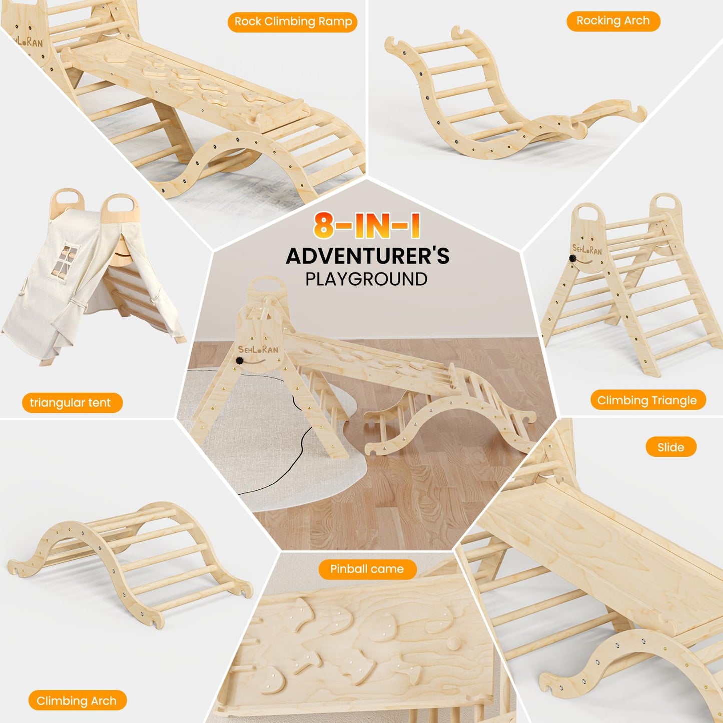 Sehloran Large Size 8 In 1 Pikler Triangle Set With Pinball Game And Tent For Kids, Foldable Toddler Climbing Toys Indoor, Natur