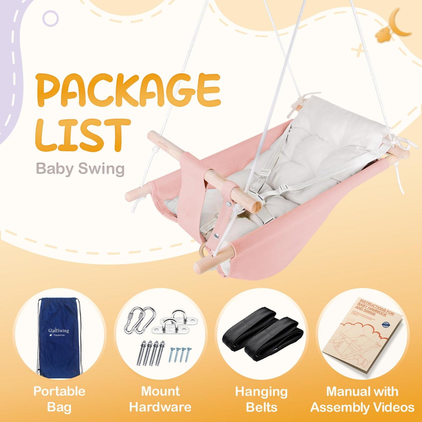 Canvas Baby Swing For Infants To Toddlers,Indoor Outdoor Wooden Hanging Swing Seat With Safety Belt And Mounting Hardware, Suita