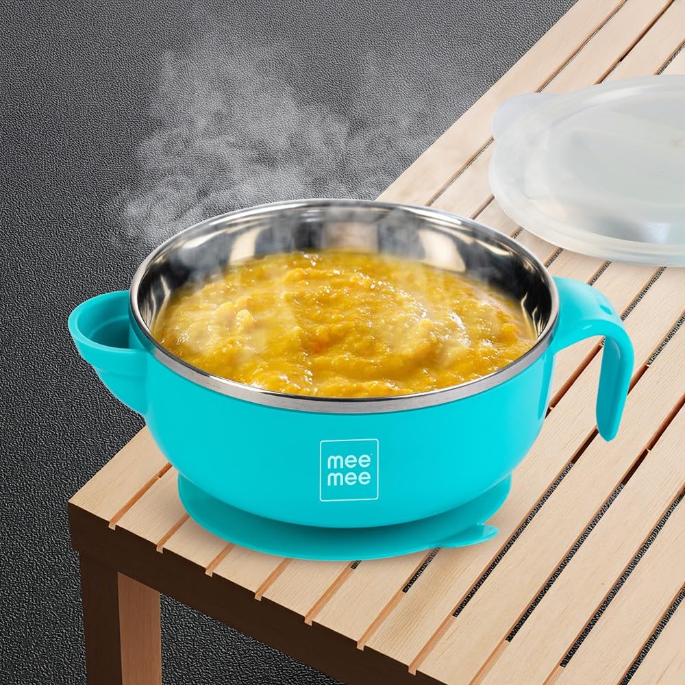 Mee Mee Air Tight Baby Feeding Bowl | Bpa Free | Stay Warm Bowl | Food Remains Warm | Suction NonSpill Bowl (Blue)(Pack Of 1)