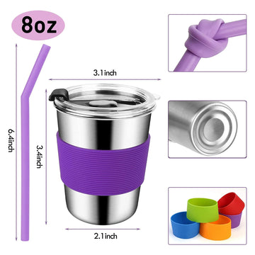 Shineme 8Oz Toddler Cups With Straws, 5Pack Kids Cups With Straws And Lids Spill Proof, Unbreakable Stainless Steel Metal Drinki