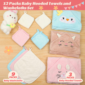 12 Pcs Hooded Baby Towels, Soft Baby Towels, Absorbent Baby Bath Towels, 3 Pcs Baby Towels, And 9 Pcs Baby Washcloths For Newbor