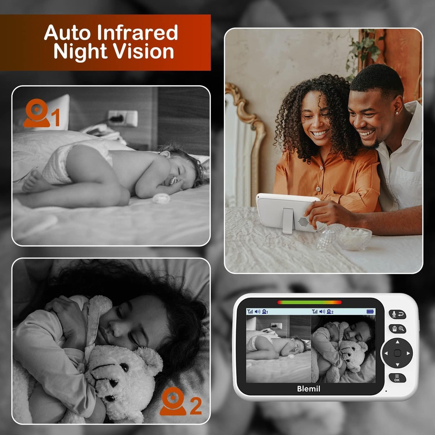 Blemil Upgrade Baby Monitor With 30-Hour Battery, 5' Large Split-Screen Video Baby Monitor With 2 Cameras And Audio, Remote Pan