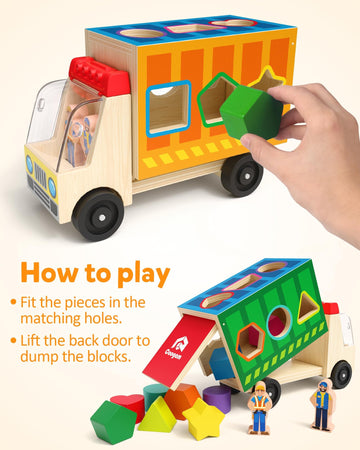Coogam Shape Sorting Montessori Toys for Toddles, Wooden Color Shape Sorter Truck Toy with 2 Play Figures - Fine Motor Education