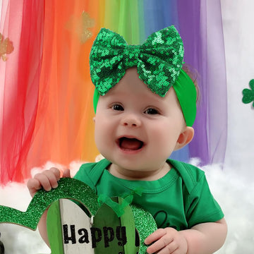 Lanmerry St Patricks Day Bow Baby Girl Hair Bows Clover Headbands Sequins Large Bows Green Hair Accessories Shamrock Headbands F